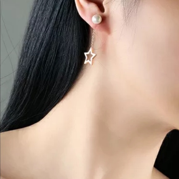 High Quality Jewelry - Moon and Star Long Pearl Chain Drop Earrings.